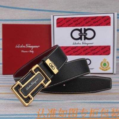 1:1 Ferragamo Black Leather Belt  with Gold  Logo buckle “工” Shape Buckle 3.8cm